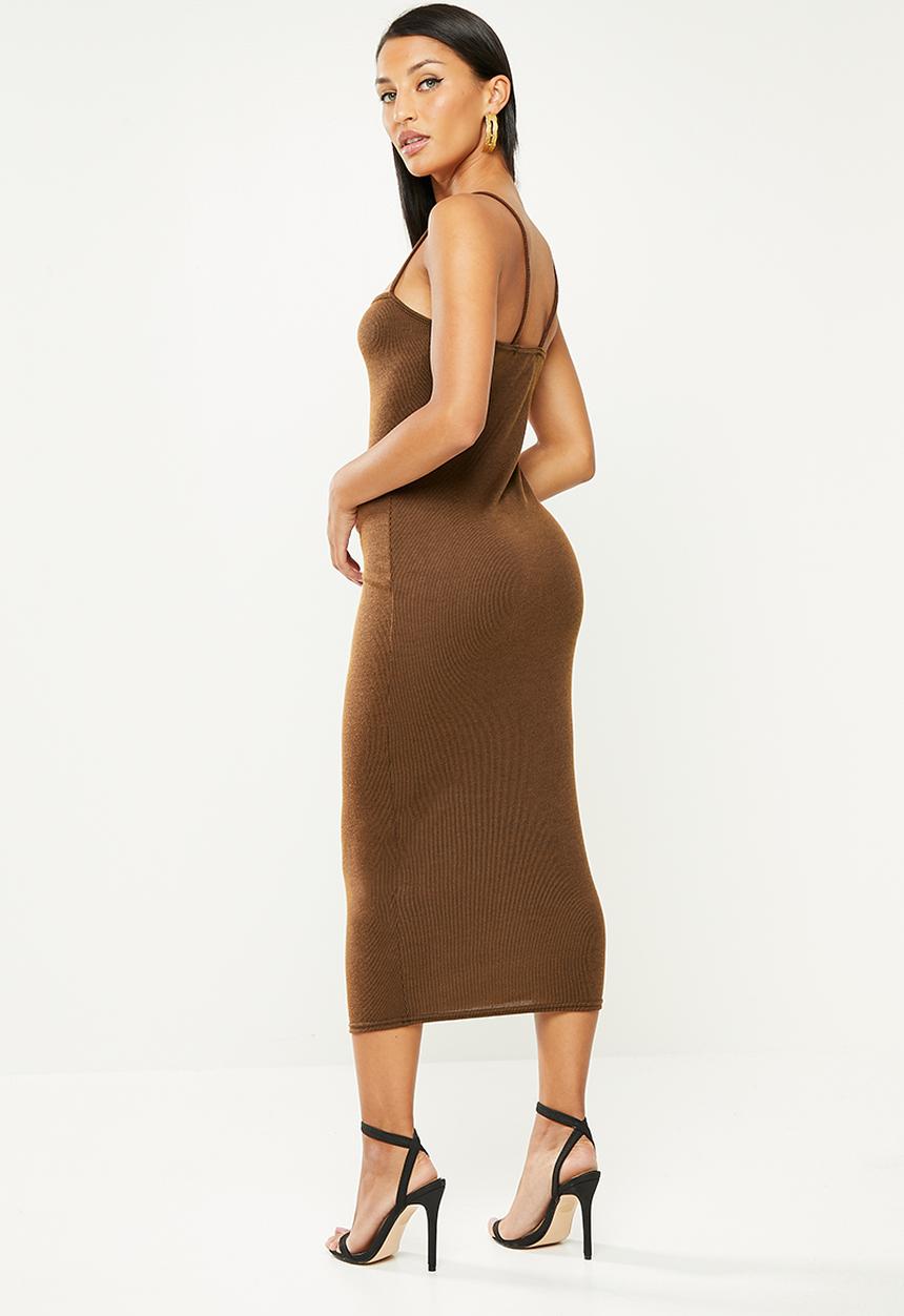 Missguided - Petite ribbed strappy midi dress - brown