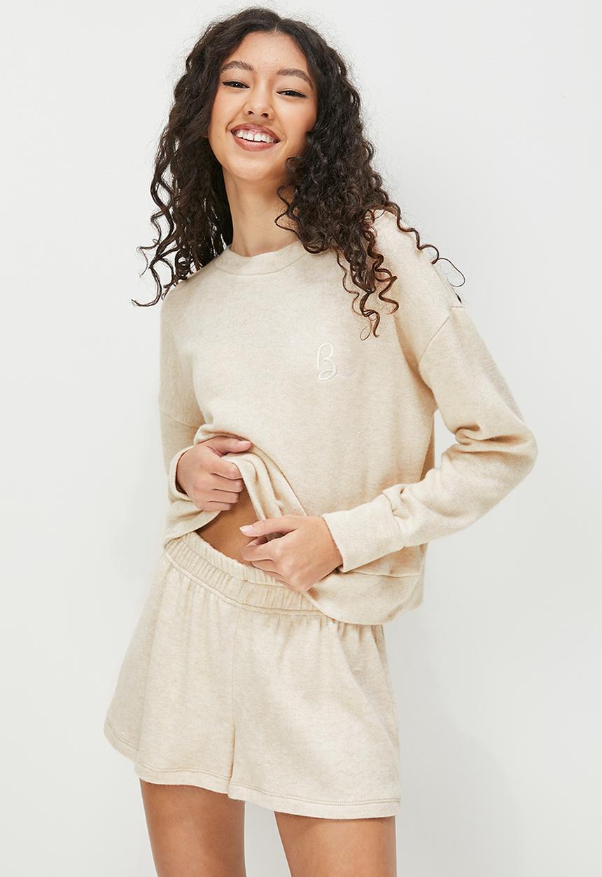 Blake - Embroidered crew/short sleep set - oatmeal