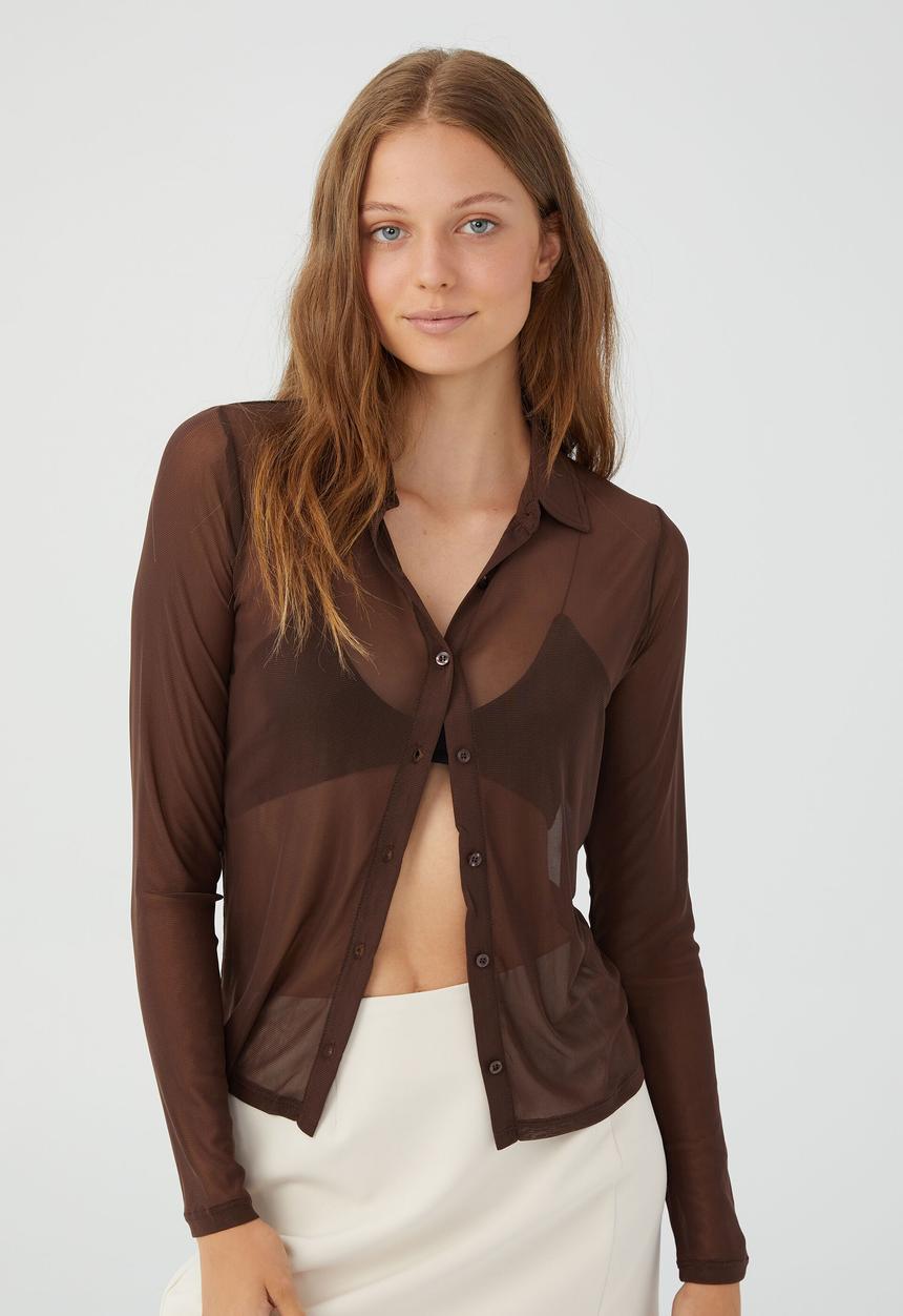 Cotton On - Long sleeve mesh shirt - desert brown