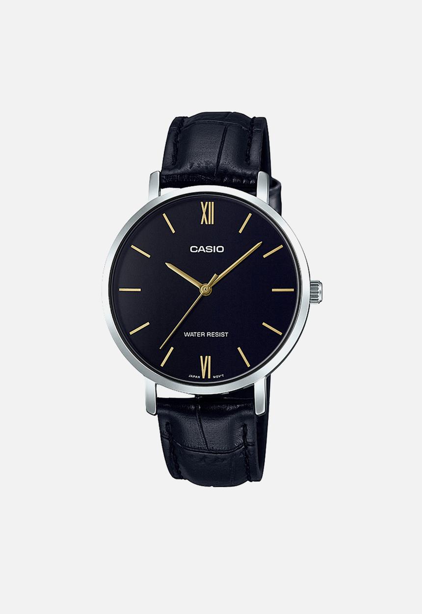 Casio - Analog round case leather - black