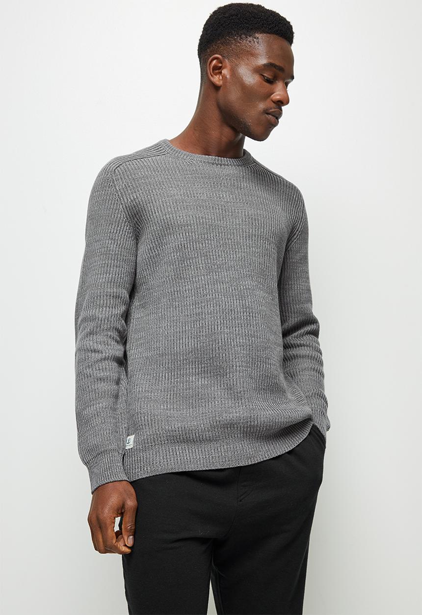 Lark & Crosse - Regular fit ribbed fisherman crew neck knit - charcoal