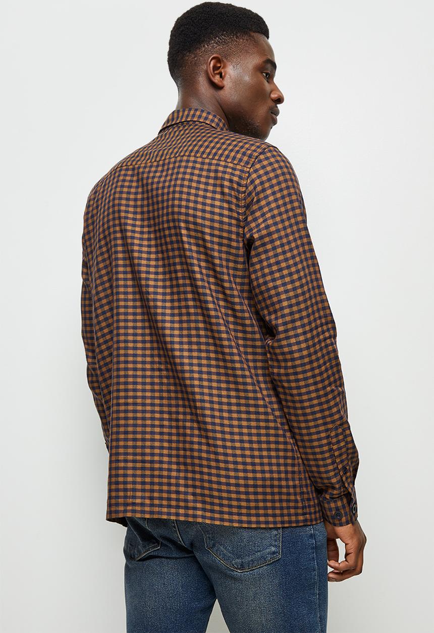 Lark & Crosse - Regular fit check long sleeve shirt - brown & navy 