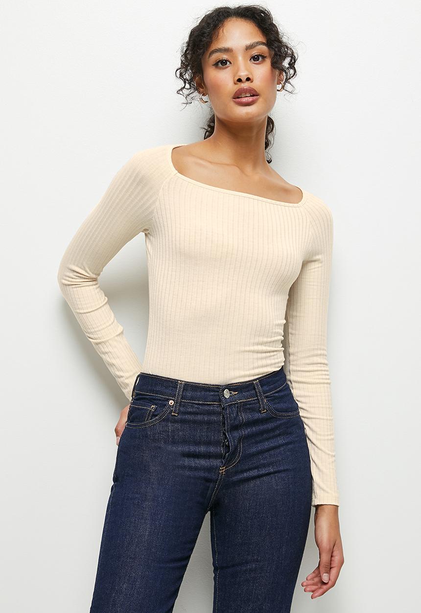 MILLA - Shaped neck rib bodysuit - ecru