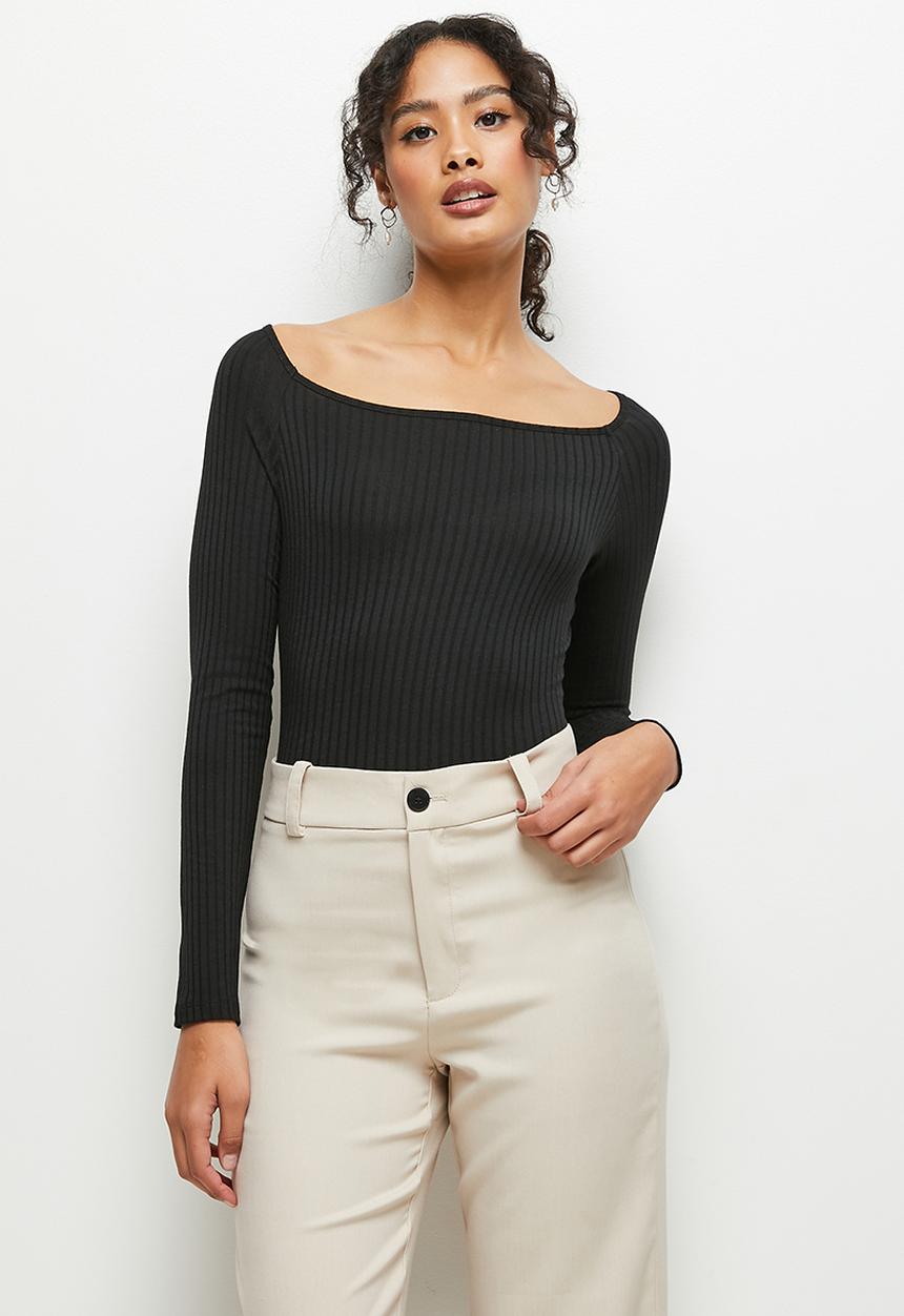 MILLA - Shaped neck rib bodysuit - black