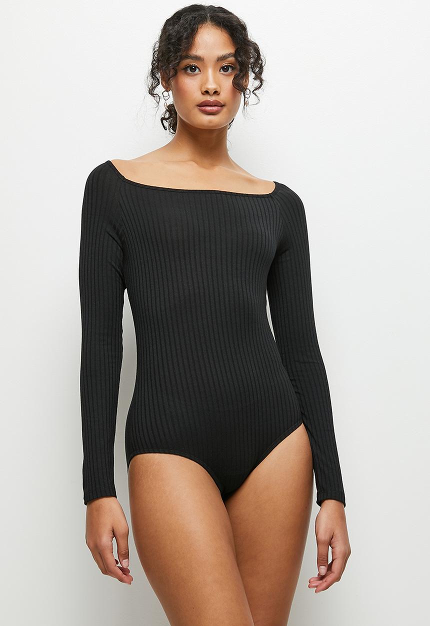 MILLA - Shaped neck rib bodysuit - black