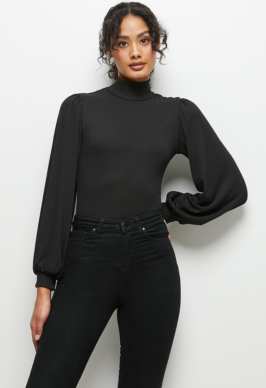 MILLA - Polo neck puff sleeve bodysuit - black