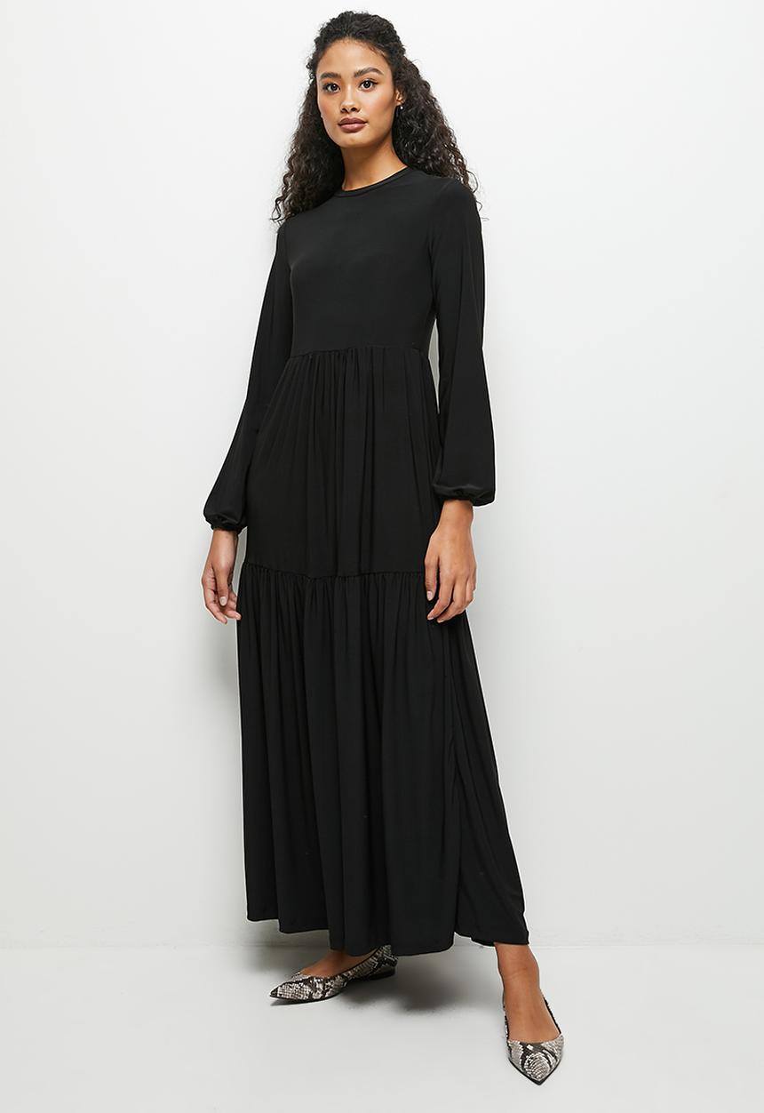 edit - Funnel neck knit tiered maxi - black