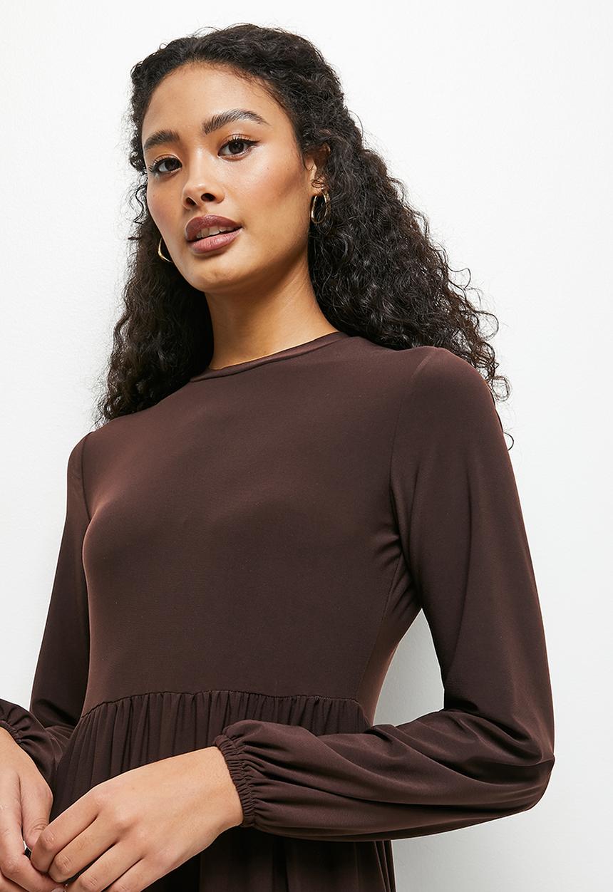 edit - Funnel neck knit tiered maxi - brown