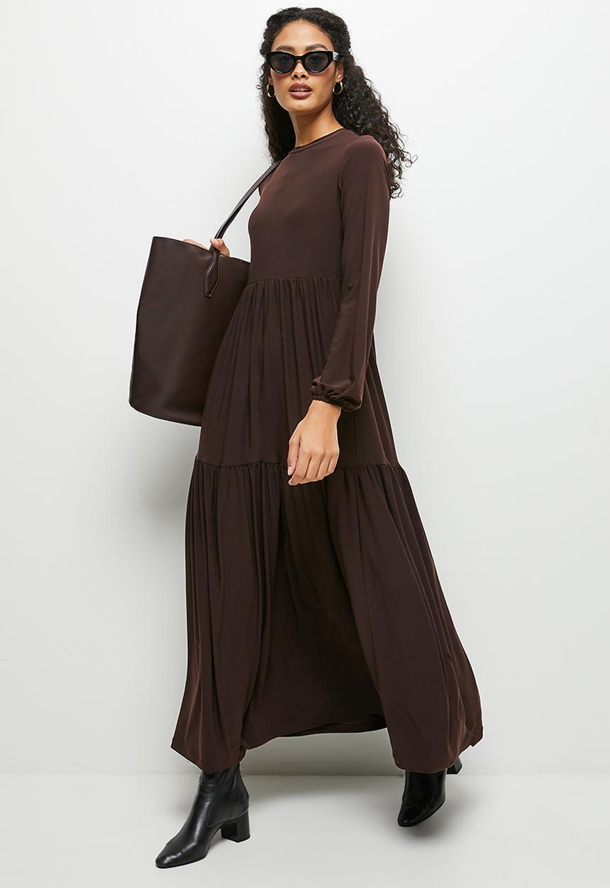 edit - Funnel neck knit tiered maxi - brown
