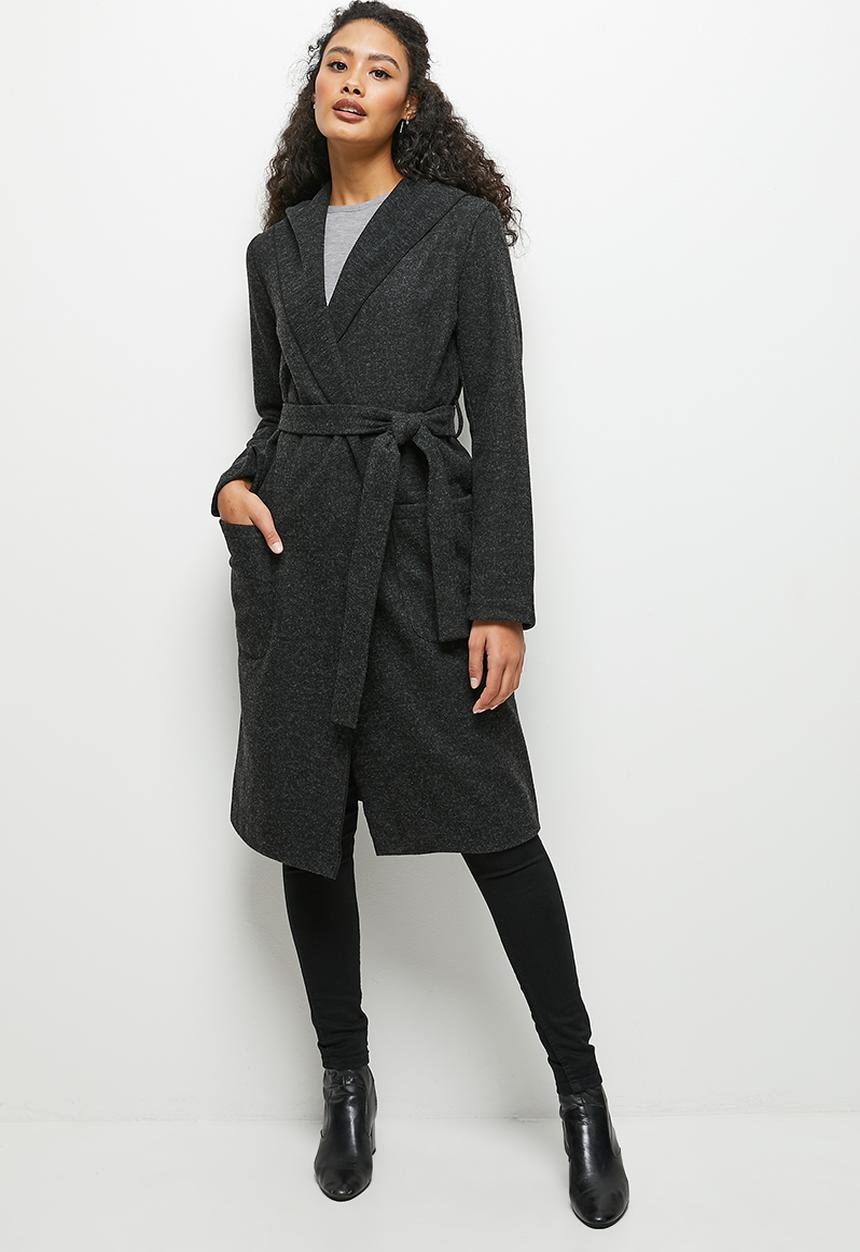edit - Long hooded belted coat - black