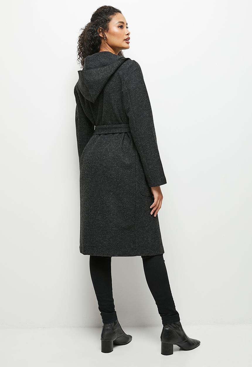 edit - Long hooded belted coat - black