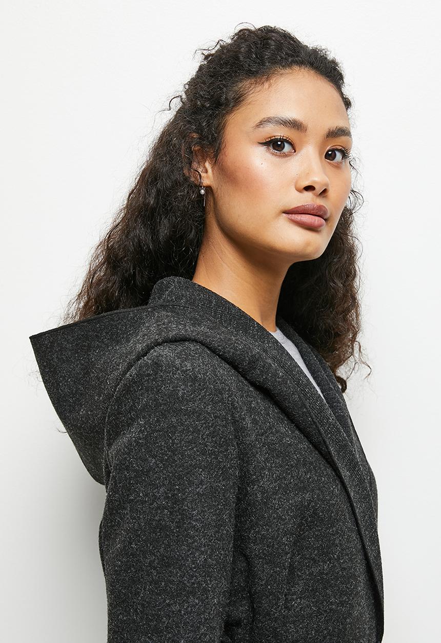 edit - Long hooded belted coat - black
