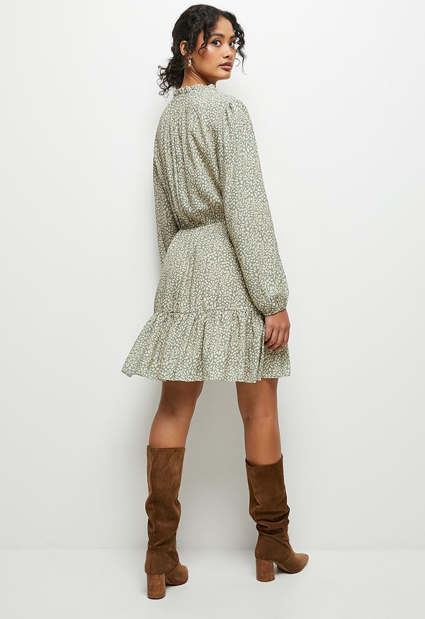 MILLA - Piecrust ruffle back mini dress - sage handrawn spot
