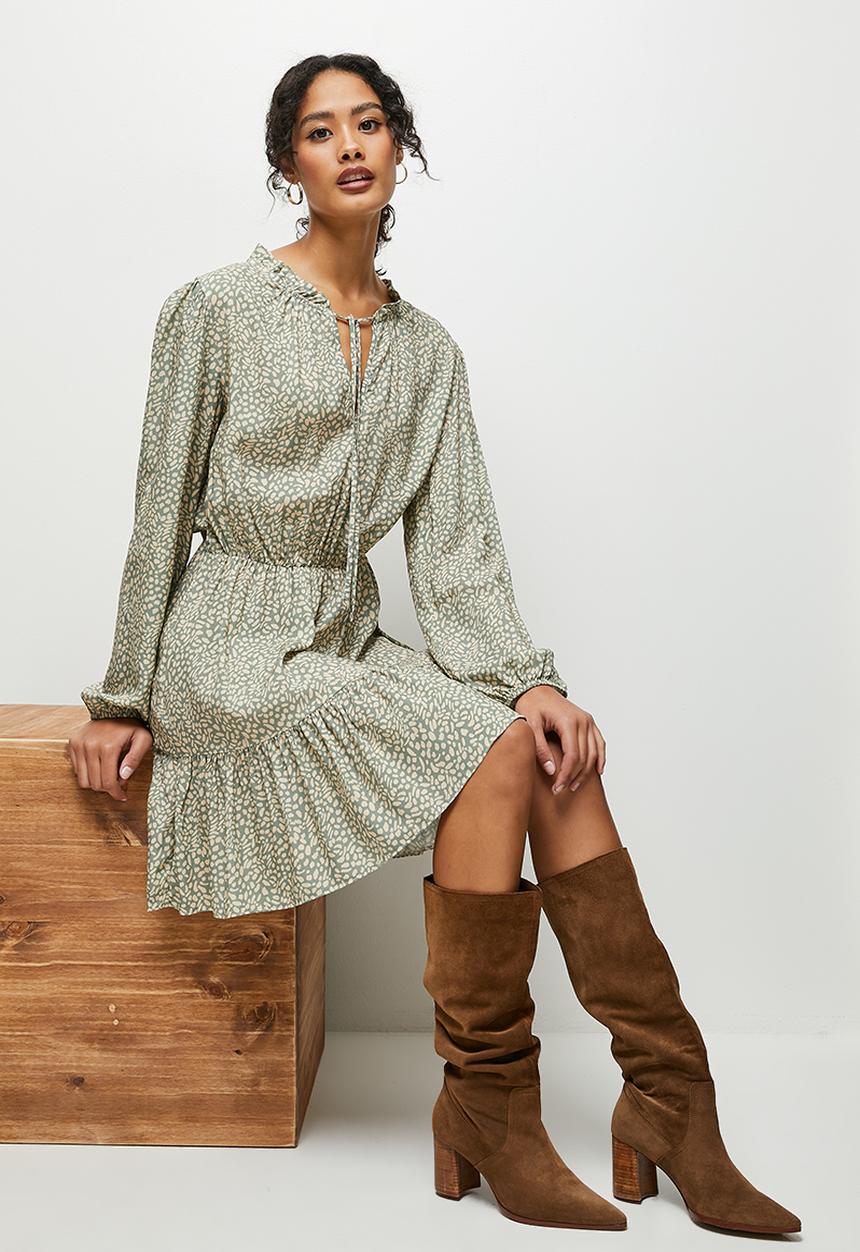 MILLA - Piecrust ruffle back mini dress - sage handrawn spot
