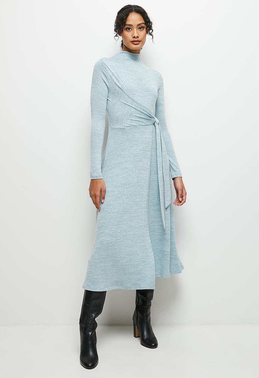 MILLA - Wrap over soft touch funnel neck dress - pale blue