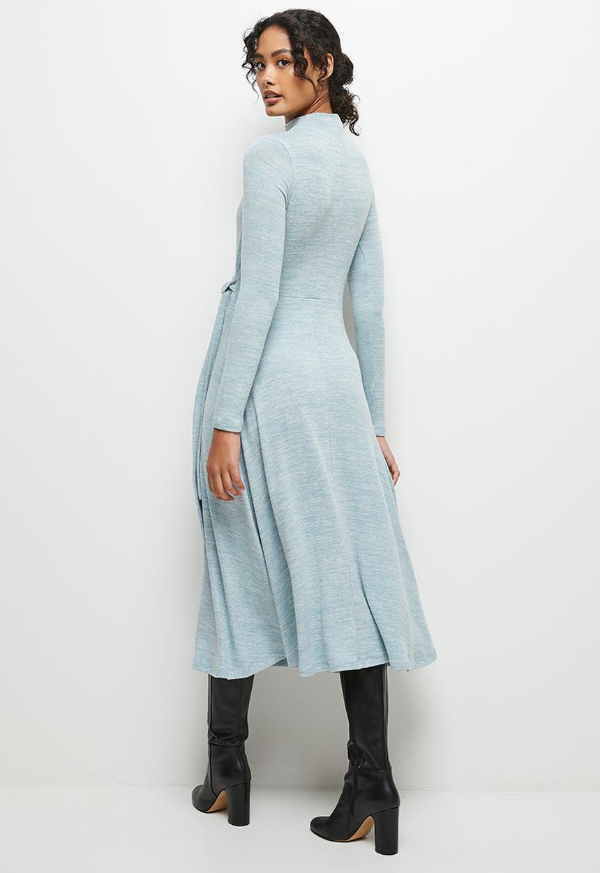 MILLA - Wrap over soft touch funnel neck dress - pale blue