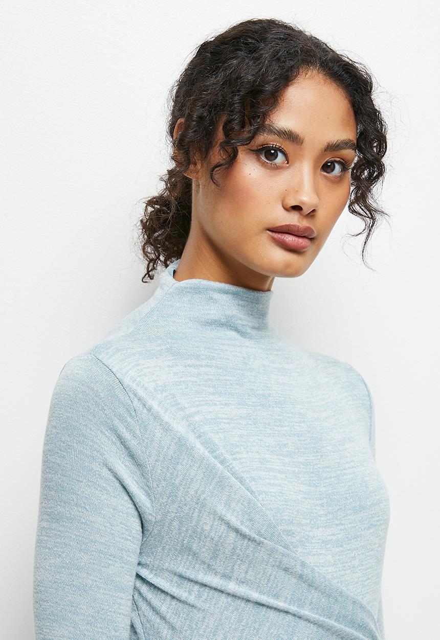 MILLA - Wrap over soft touch funnel neck dress - pale blue
