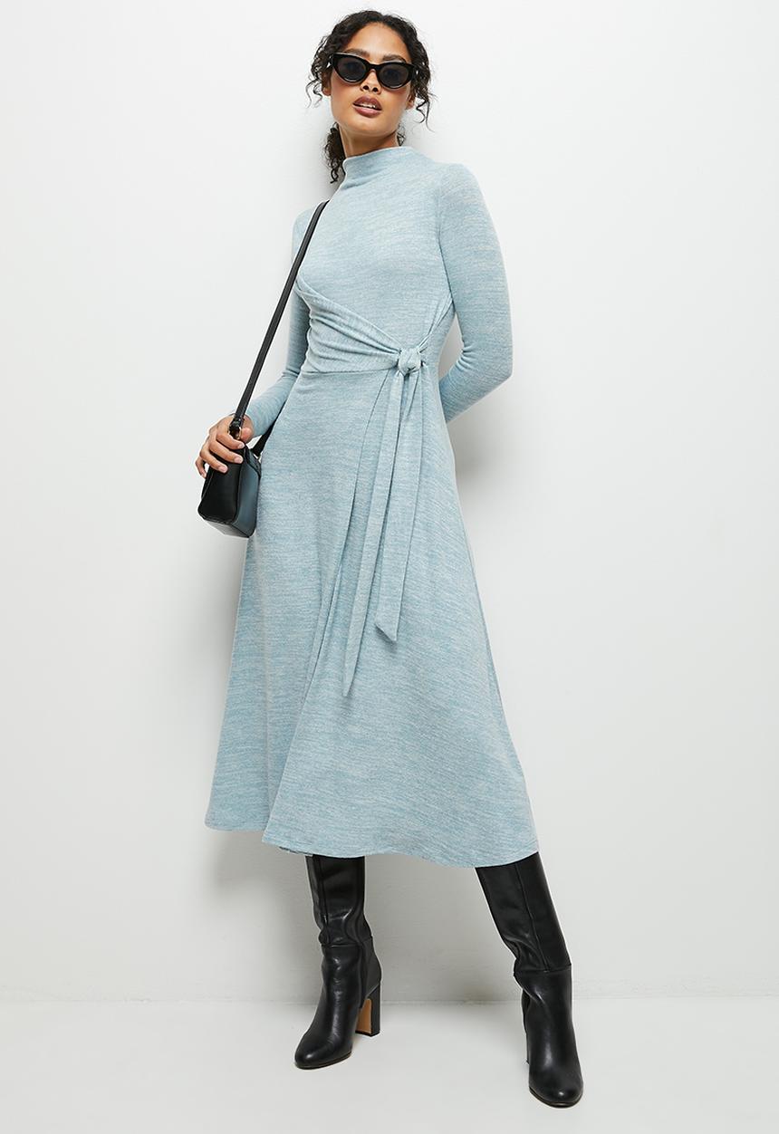 MILLA - Wrap over soft touch funnel neck dress - pale blue