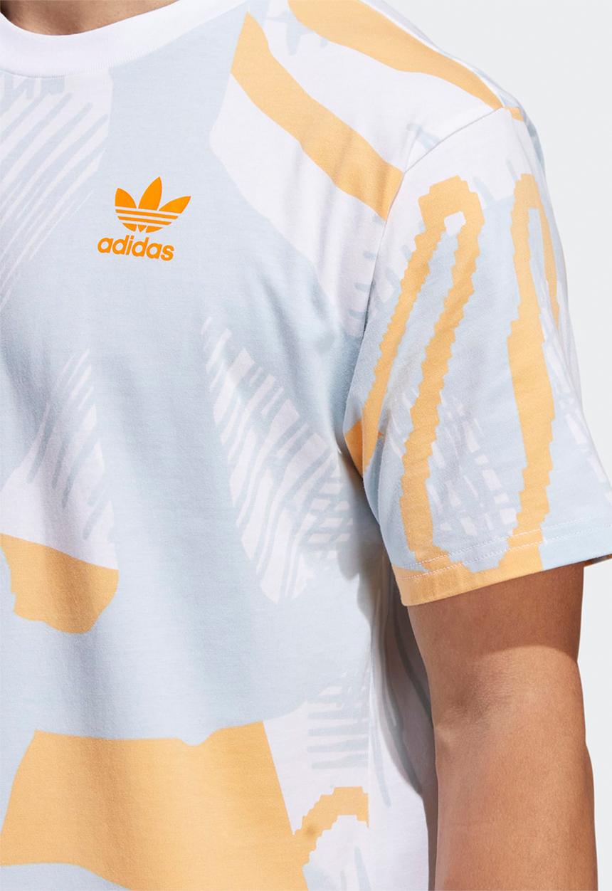 adidas Originals - Adiplay Allover Print Short Sleeve T- Multicolor / White / Orange rush