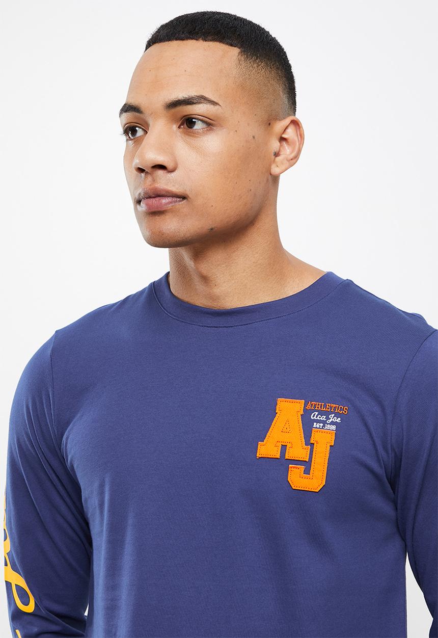Aca Joe - Printed emb long sleeve tee - blue