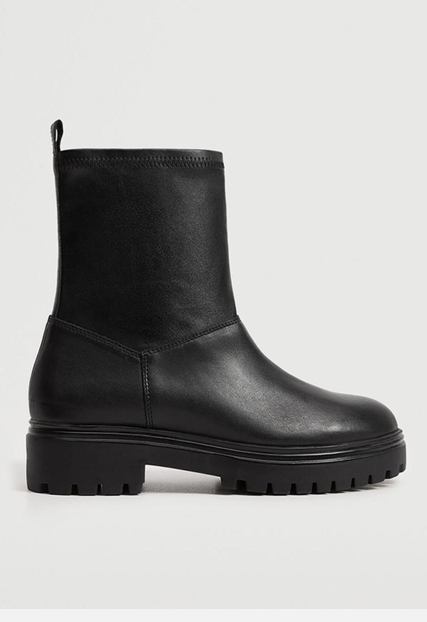 MANGO - Strechy leather serrated sole ankle boot - black