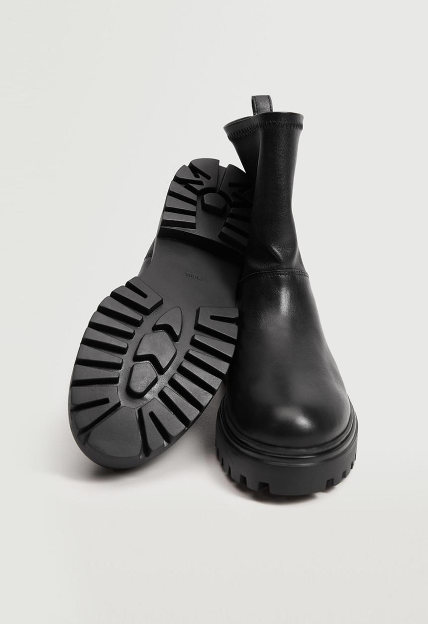 MANGO - Strechy leather serrated sole ankle boot - black