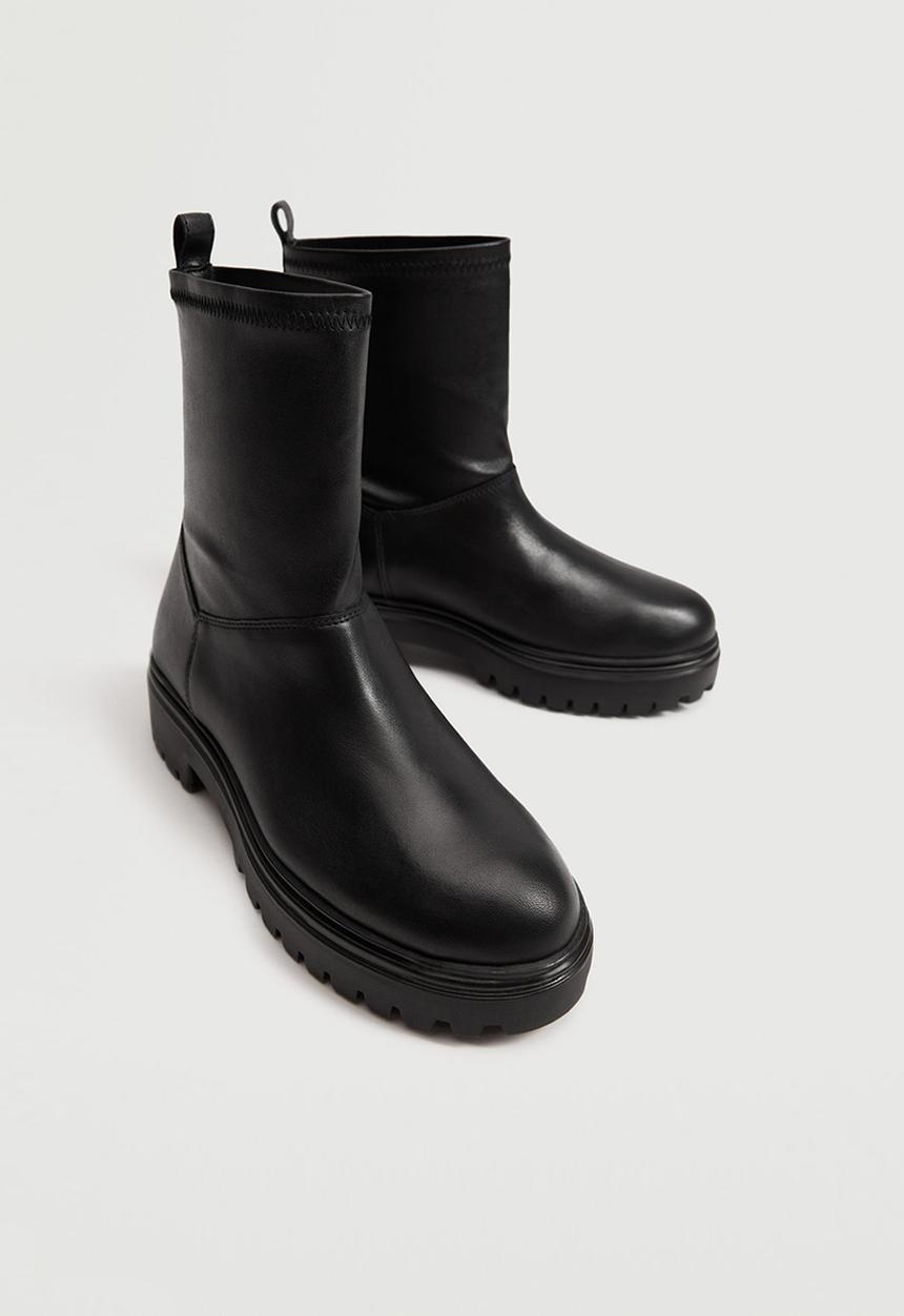MANGO - Strechy leather serrated sole ankle boot - black