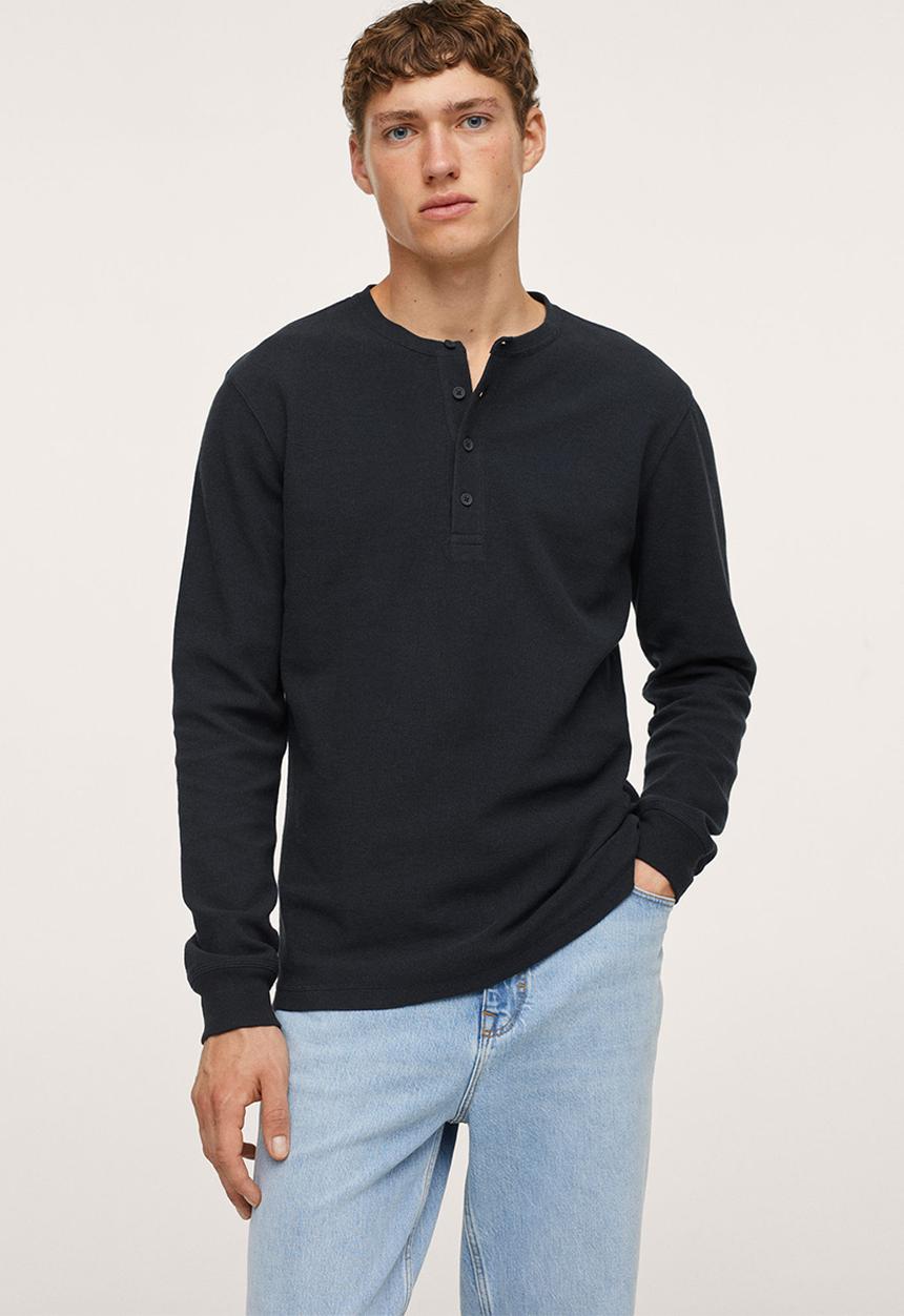 MANGO - Oliver Henley collar long-sleeved t-shirt- Navy