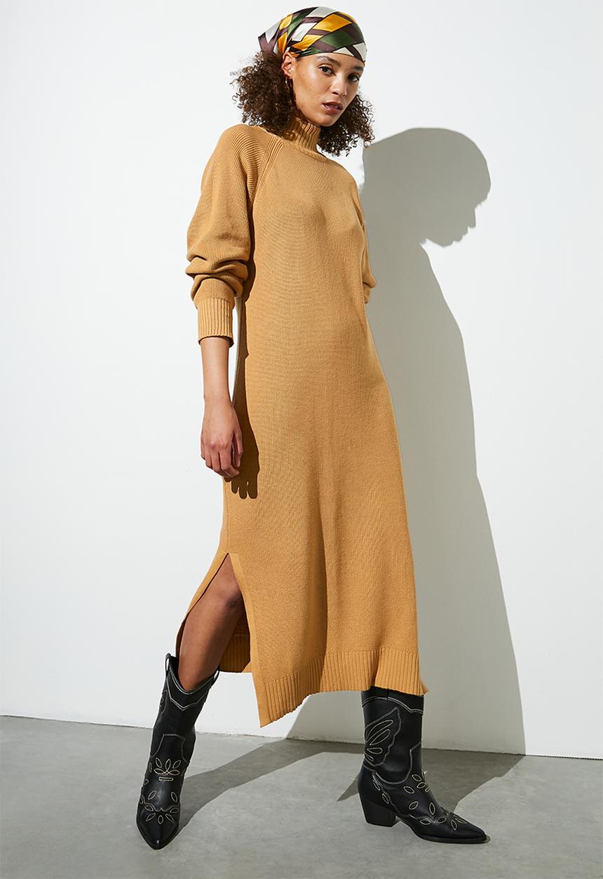 Superbalist - Organic cotton knitwear ribbed midi dress - camel