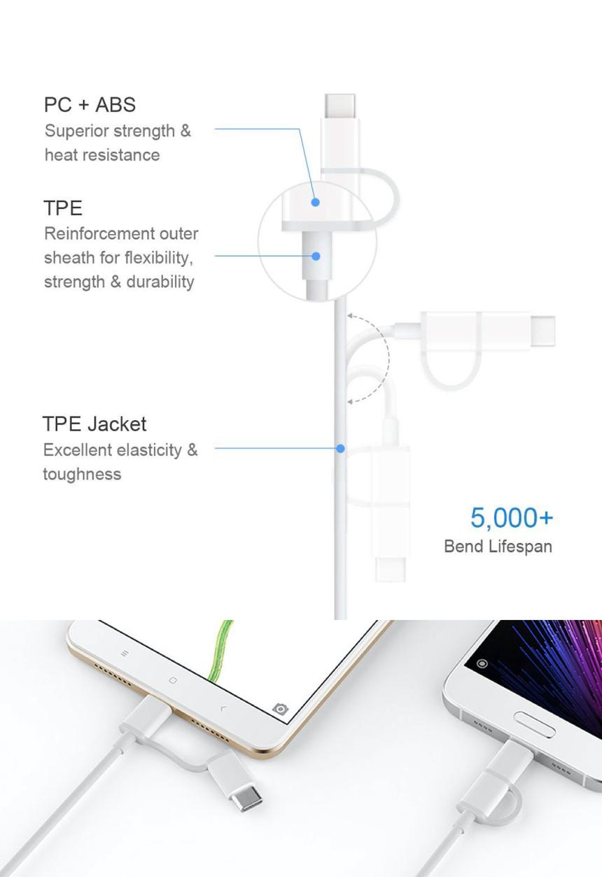 ZMI - 2in1 usb type-a to microusb/type-c  cable - white