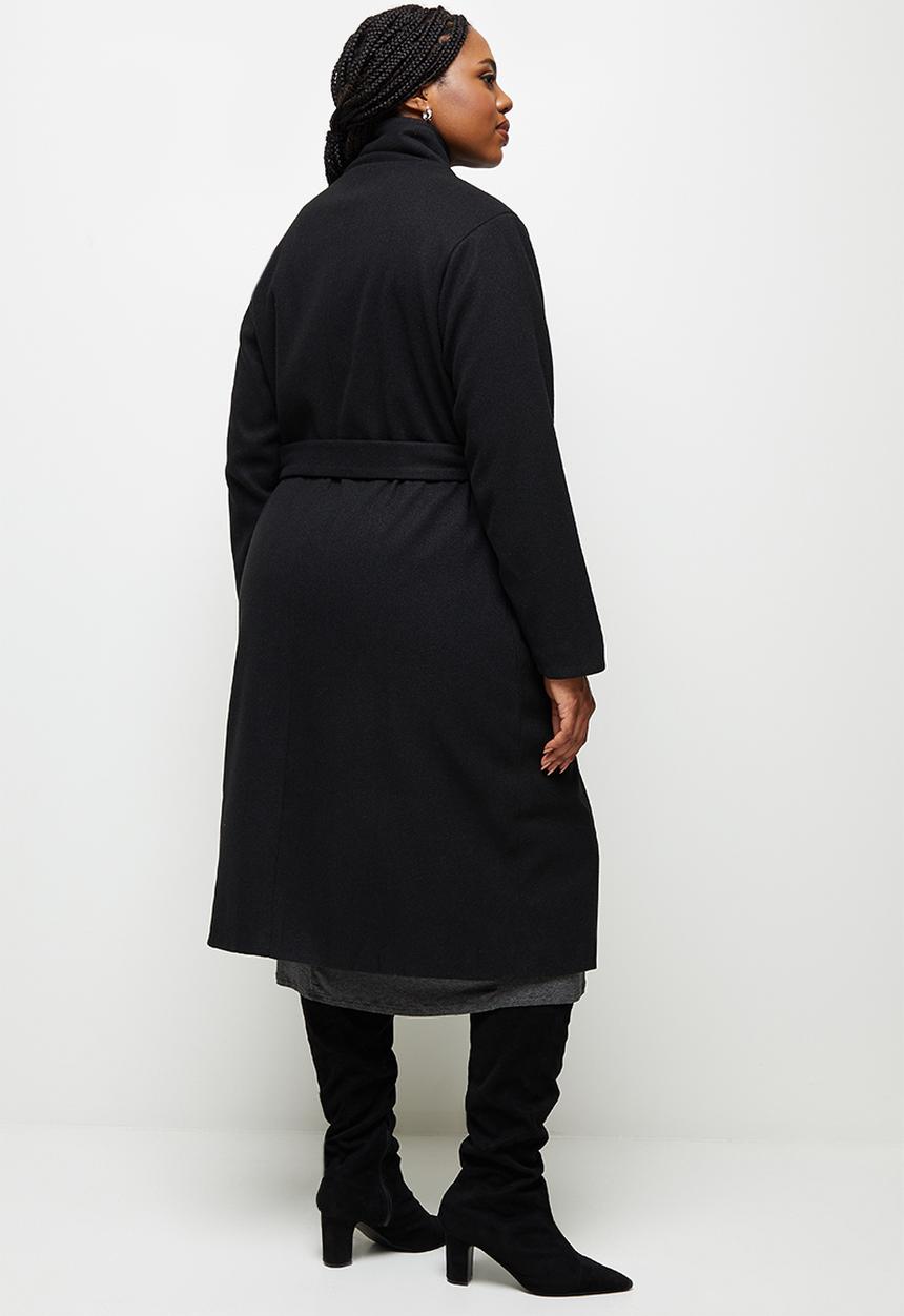 edit Plus - Highneck belted melton coat - black
