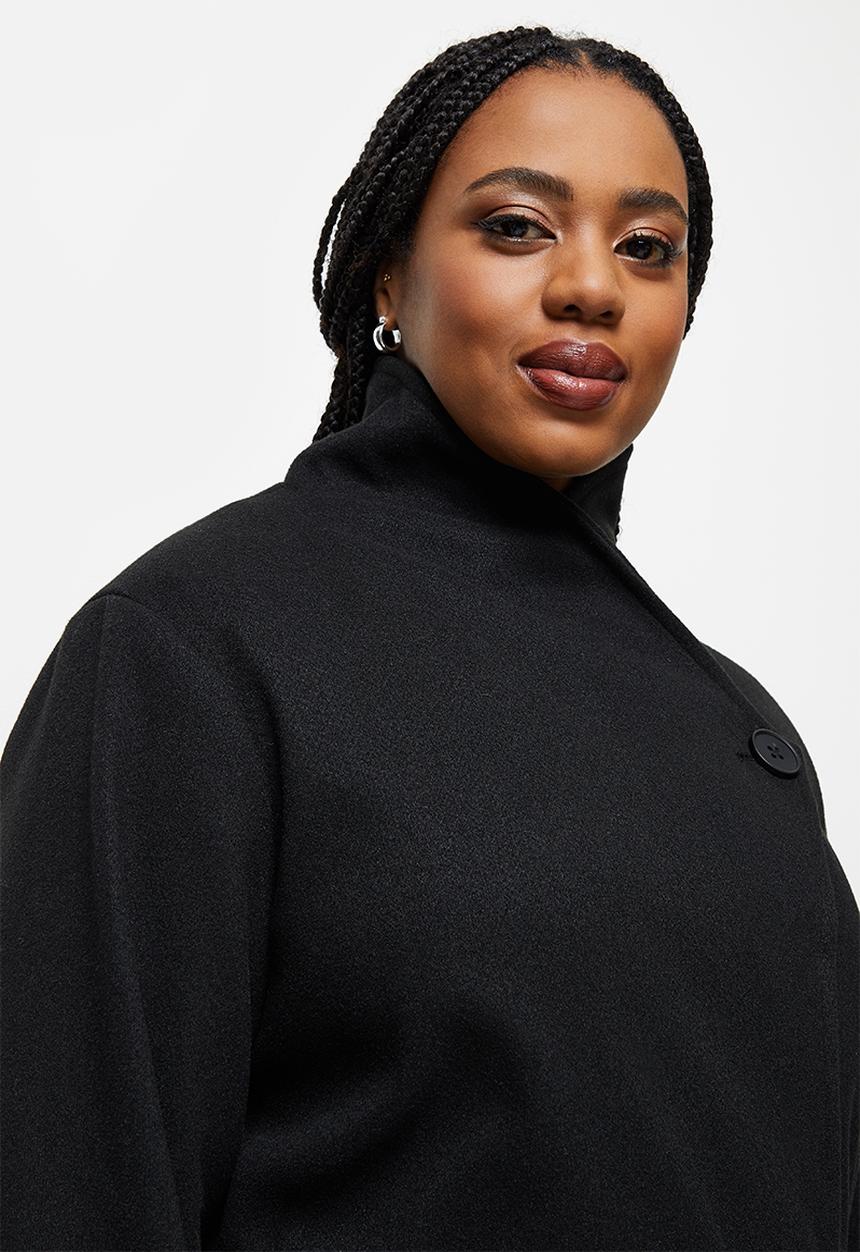 edit Plus - Highneck belted melton coat - black