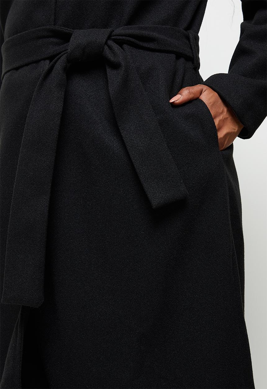 edit Plus - Highneck belted melton coat - black