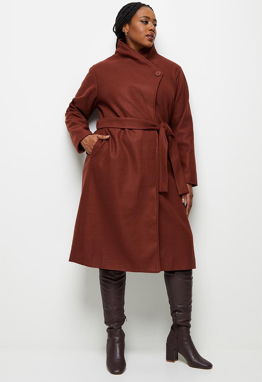 edit Plus - Highneck belted melton coat - dark tobacco
