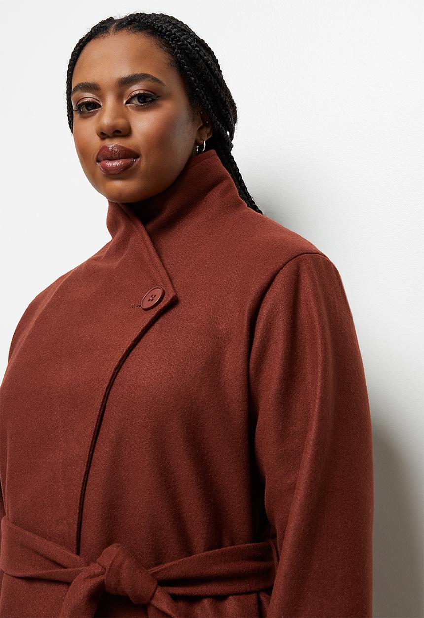 edit Plus - Highneck belted melton coat - dark tobacco
