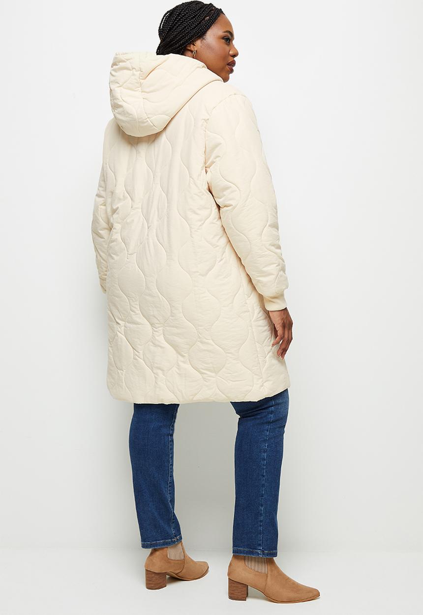 edit Plus - Diagonal quilt hooded puffer - ecru