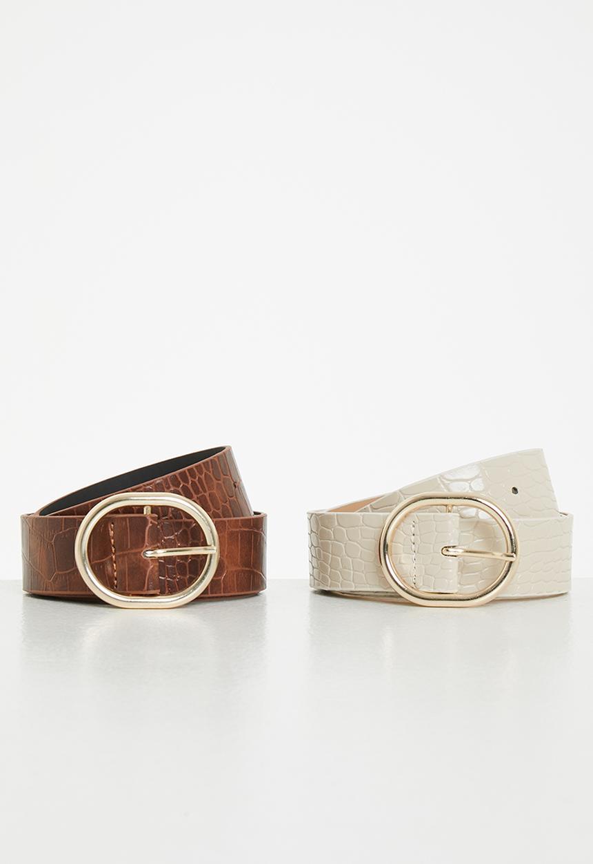 Trendyol - Faux croc circle buckle belts - brown & cream
