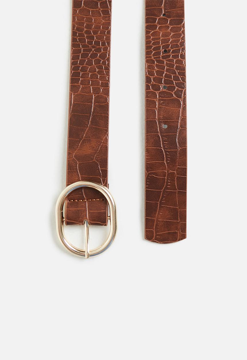 Trendyol - Faux croc circle buckle belts - brown & cream