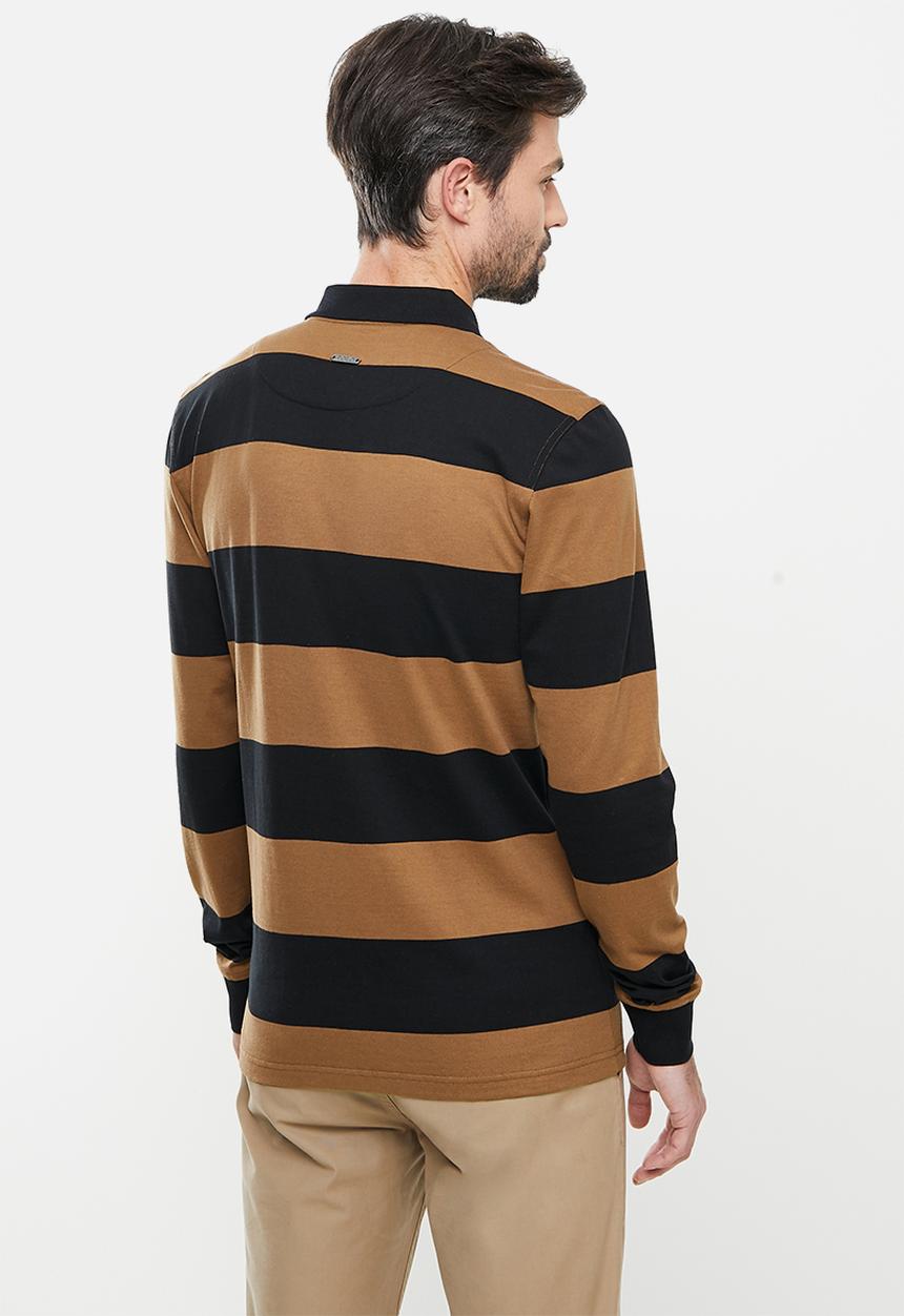 POLO - Thick Stripe Pima Long Sleeve Golfer - Brown & Black