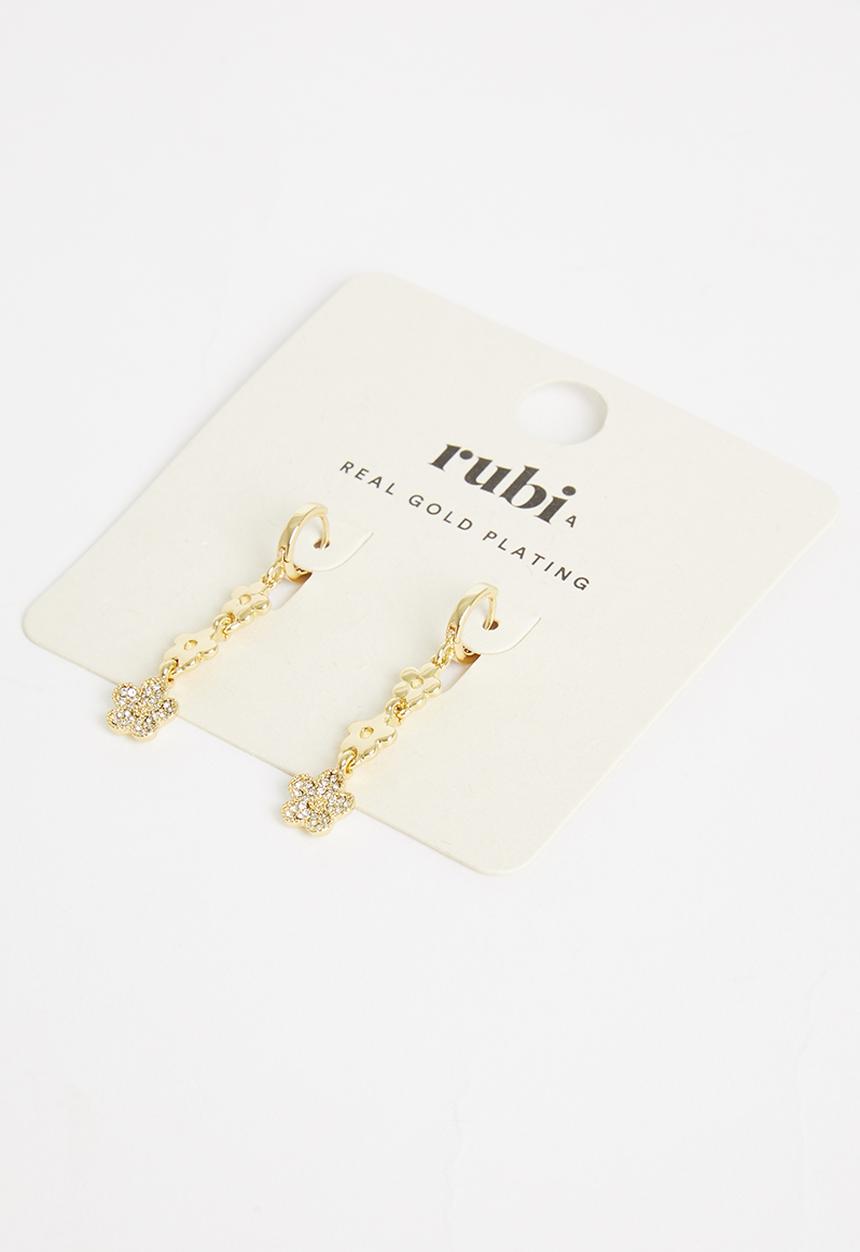 Rubi - Premium drop huggie hoop - gold plated diamante flower