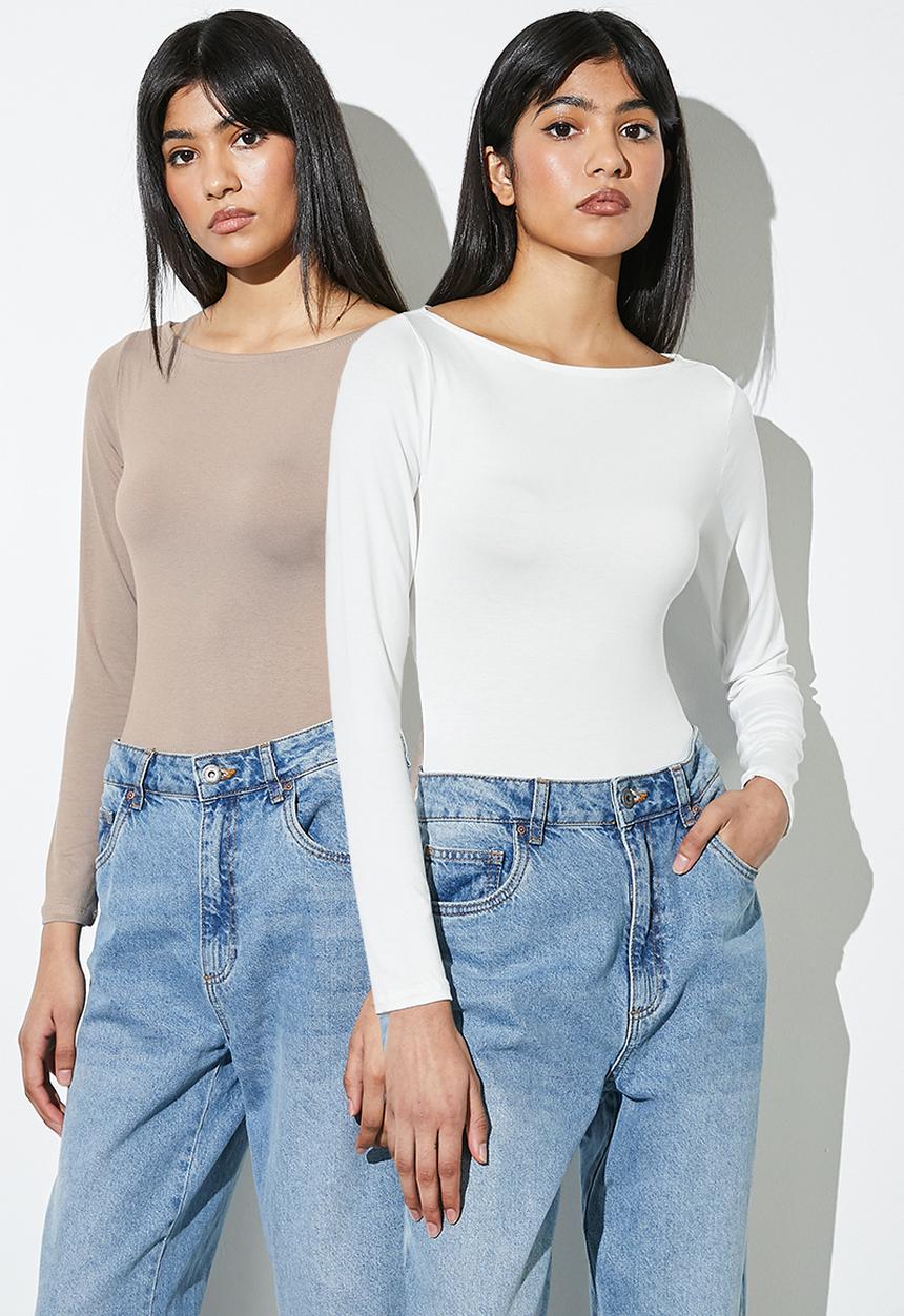 Superbalist - 2 Pack slash neck bodysuit - mink & milk