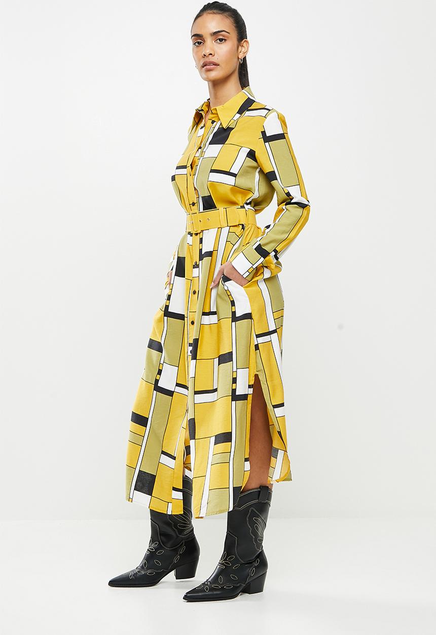 Me&B - Belted linen blend dress - mustard & black