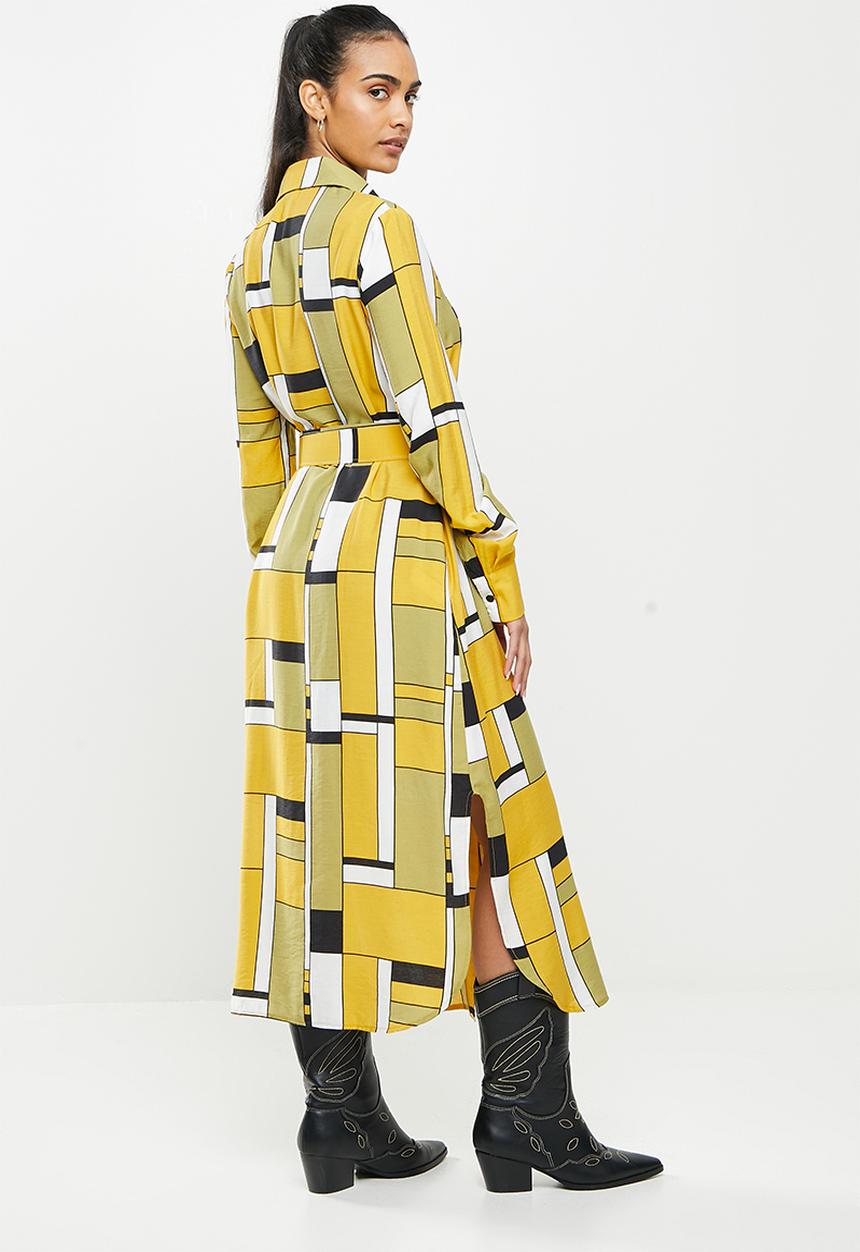 Me&B - Belted linen blend dress - mustard & black
