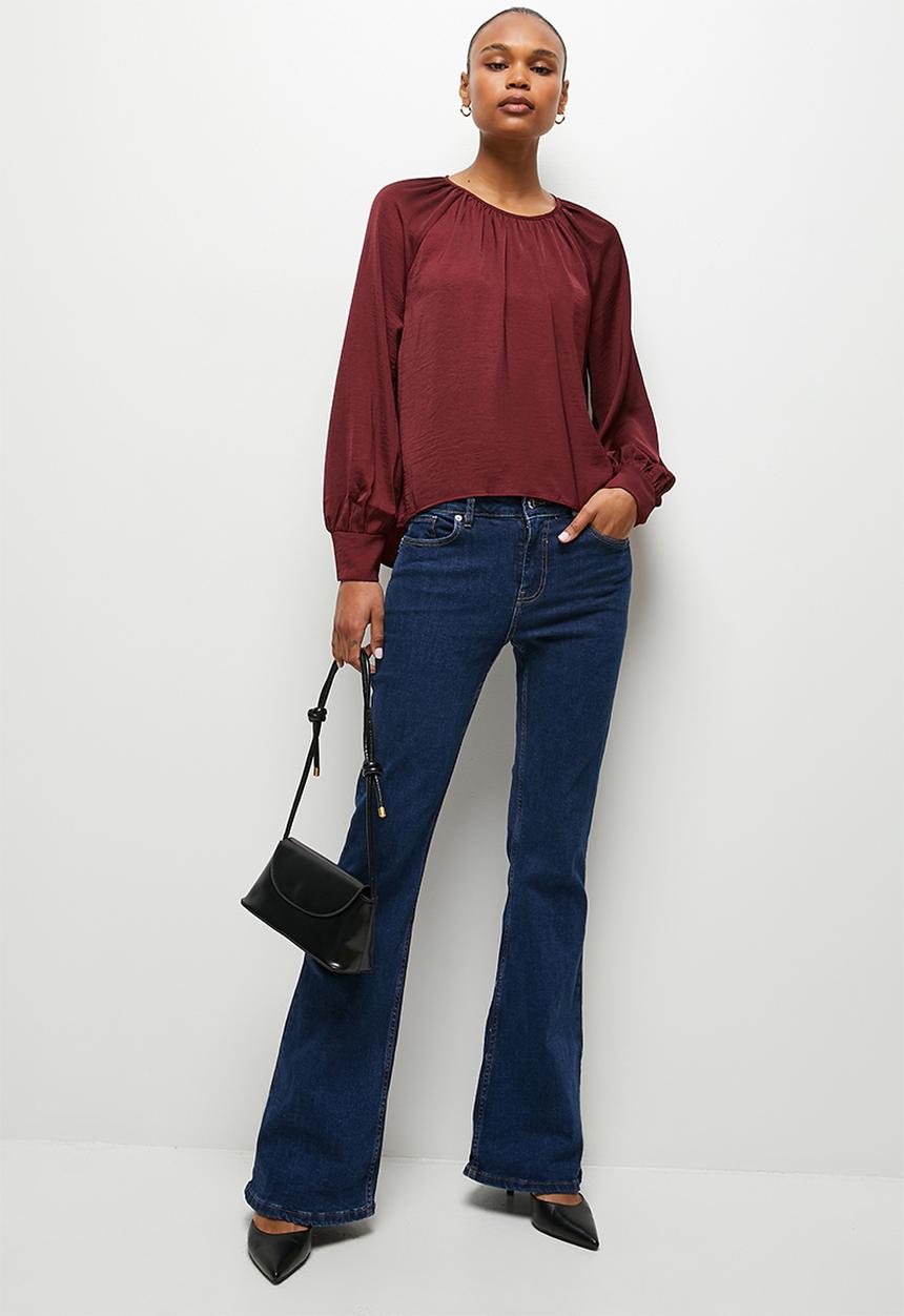 MILLA - Satin gauged neck blouse - berry