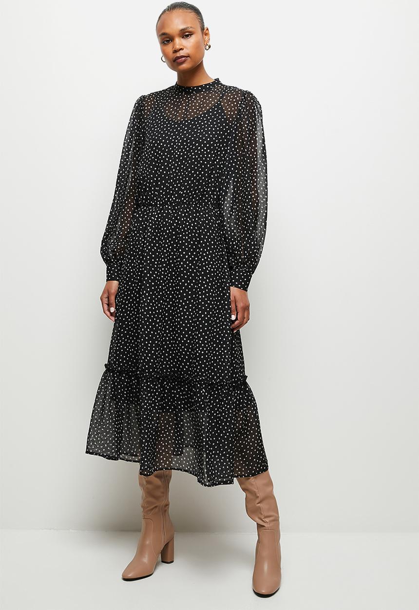 edit - Sheer balloon sleeve piecrust midi - black