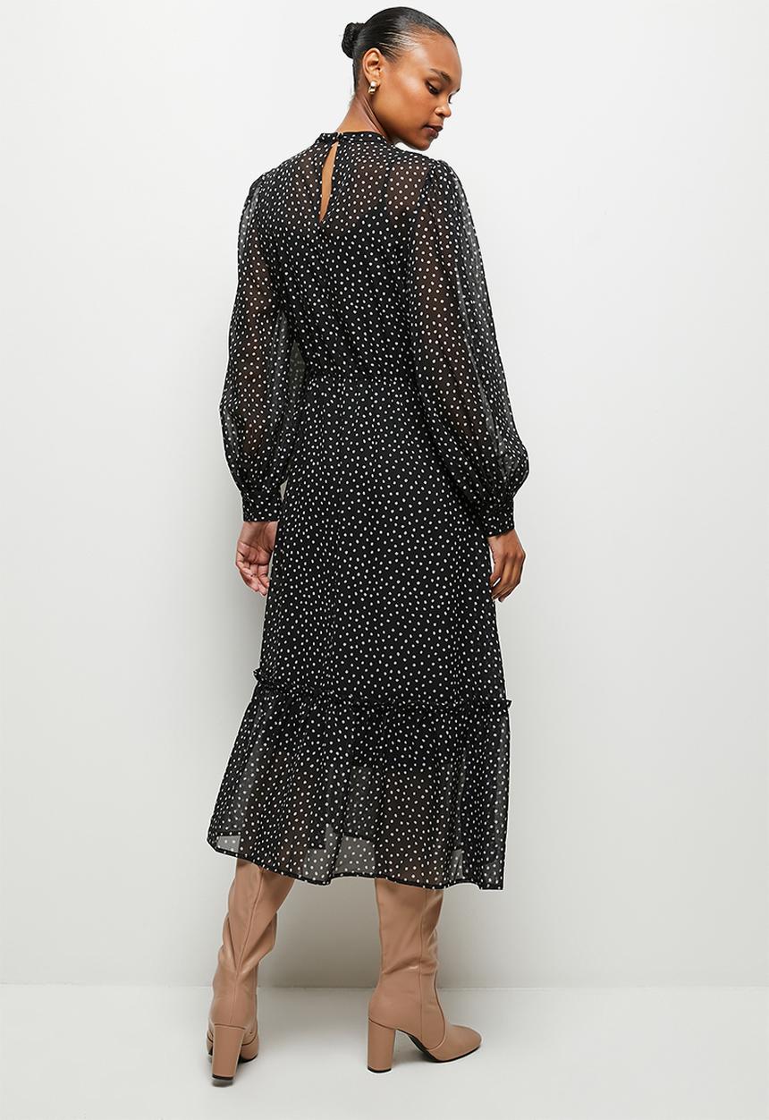 edit - Sheer balloon sleeve piecrust midi - black
