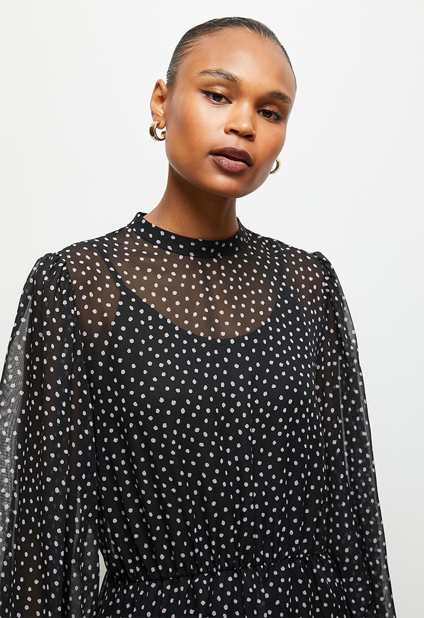 edit - Sheer balloon sleeve piecrust midi - black