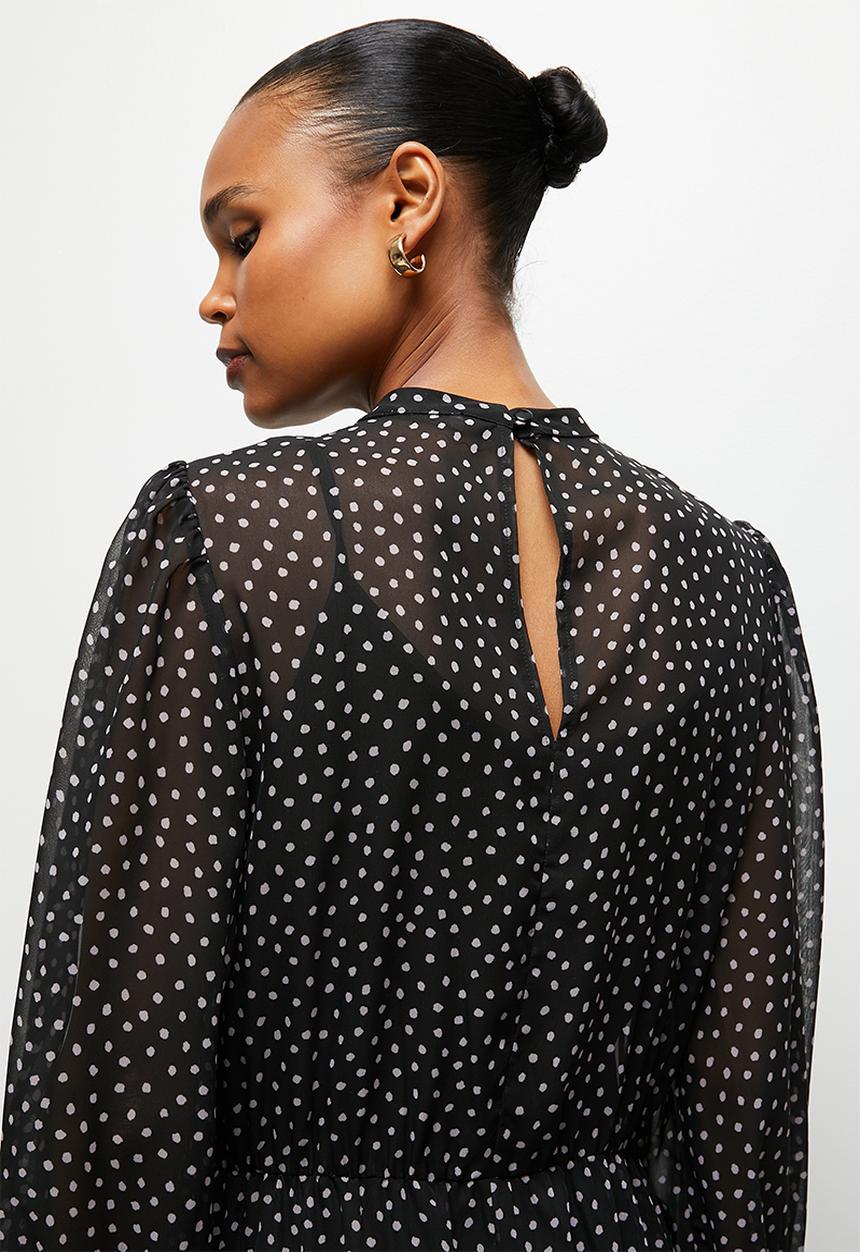 edit - Sheer balloon sleeve piecrust midi - black