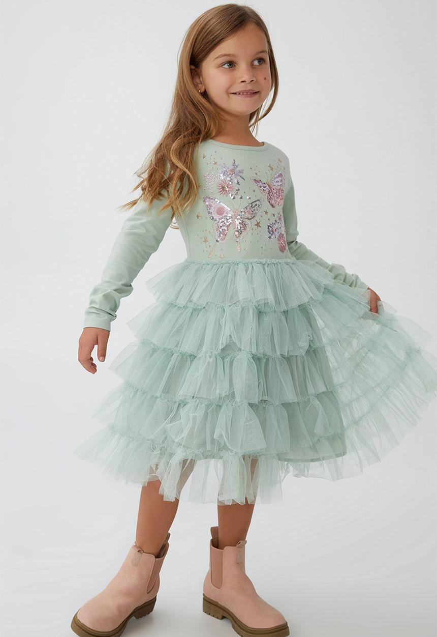 Cotton On - Iris long sleeve dress - stone green/butterfly garden
