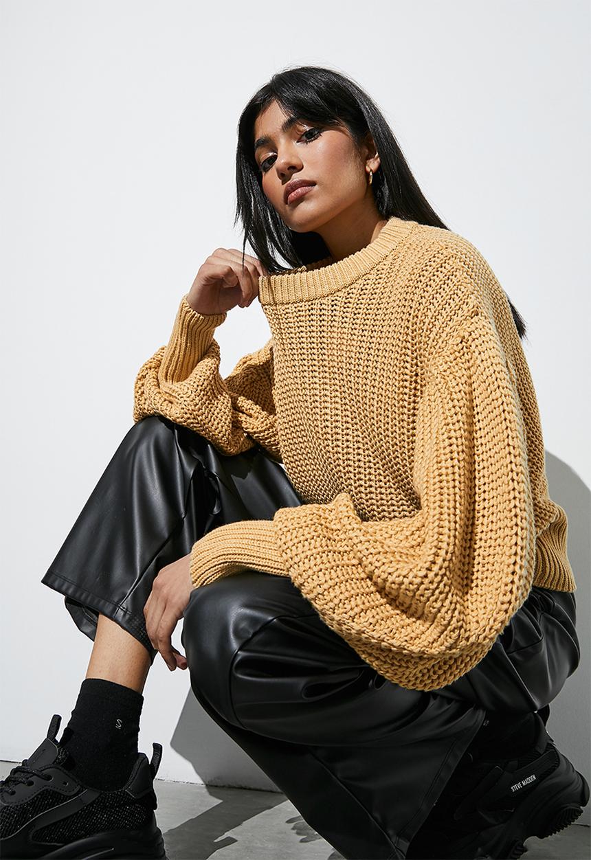 Superbalist - Cotton blend rib balloon sleeve pull over - tan